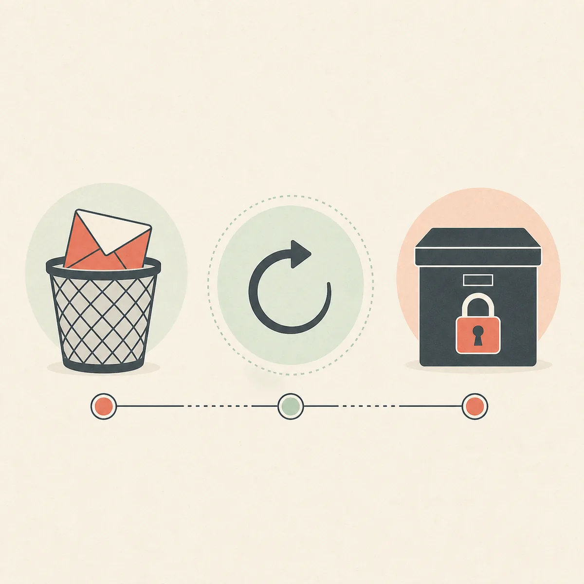 Illustrazione in tre fasi con email eliminata, ripristino e limite di eliminazione definitiva