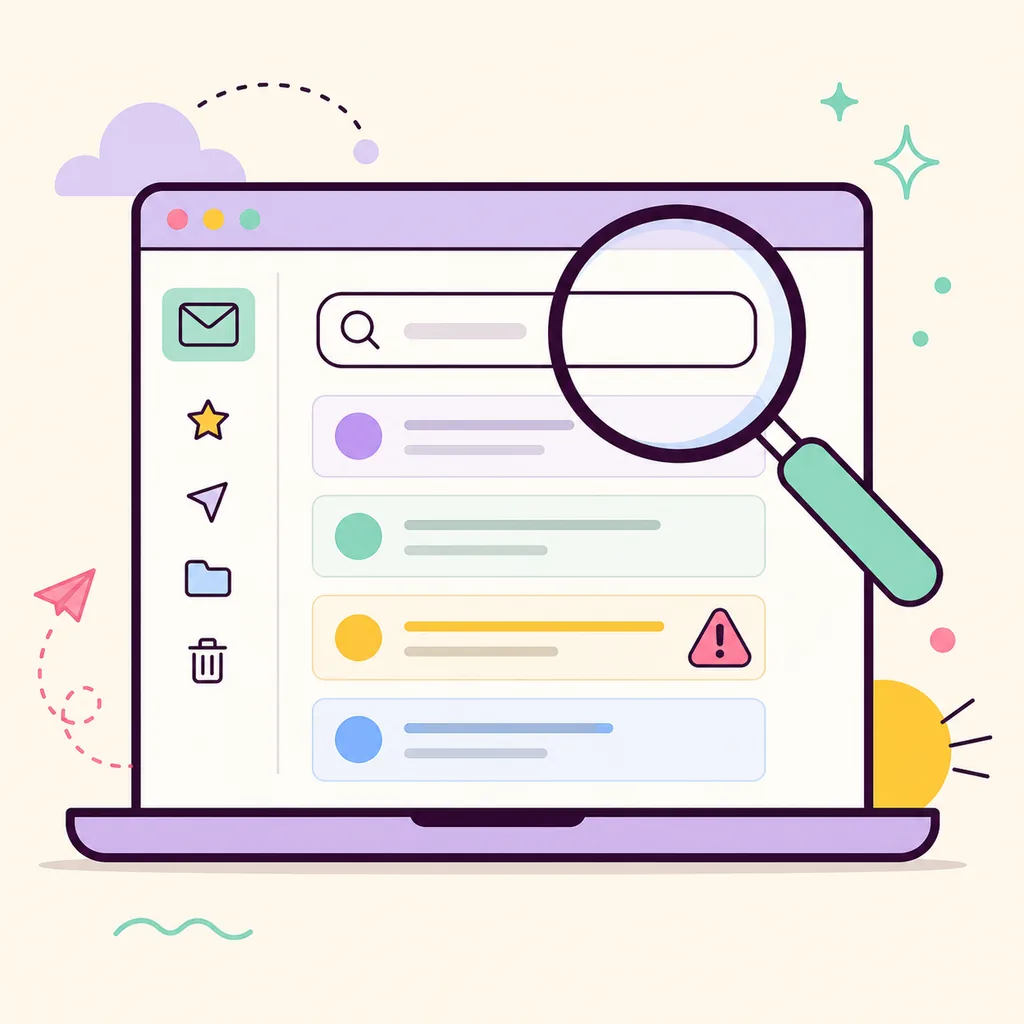 Editorial illustration of a magnifying glass checking an email search window with a warning mark