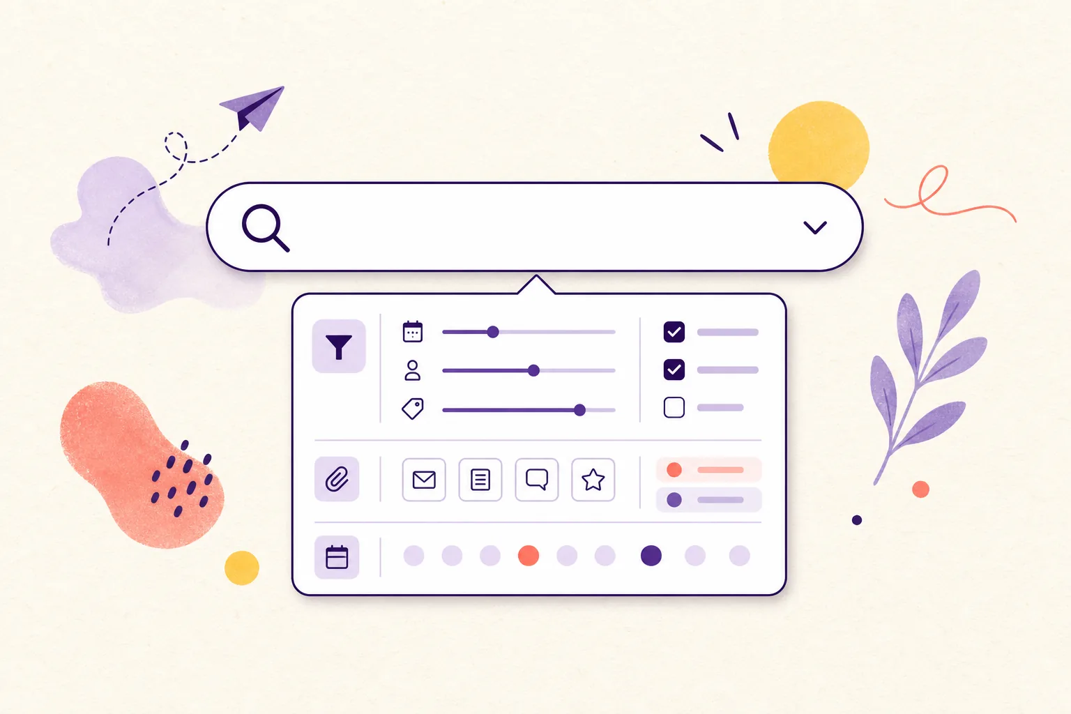 Editorial illustration of a search bar opening a structured filter panel