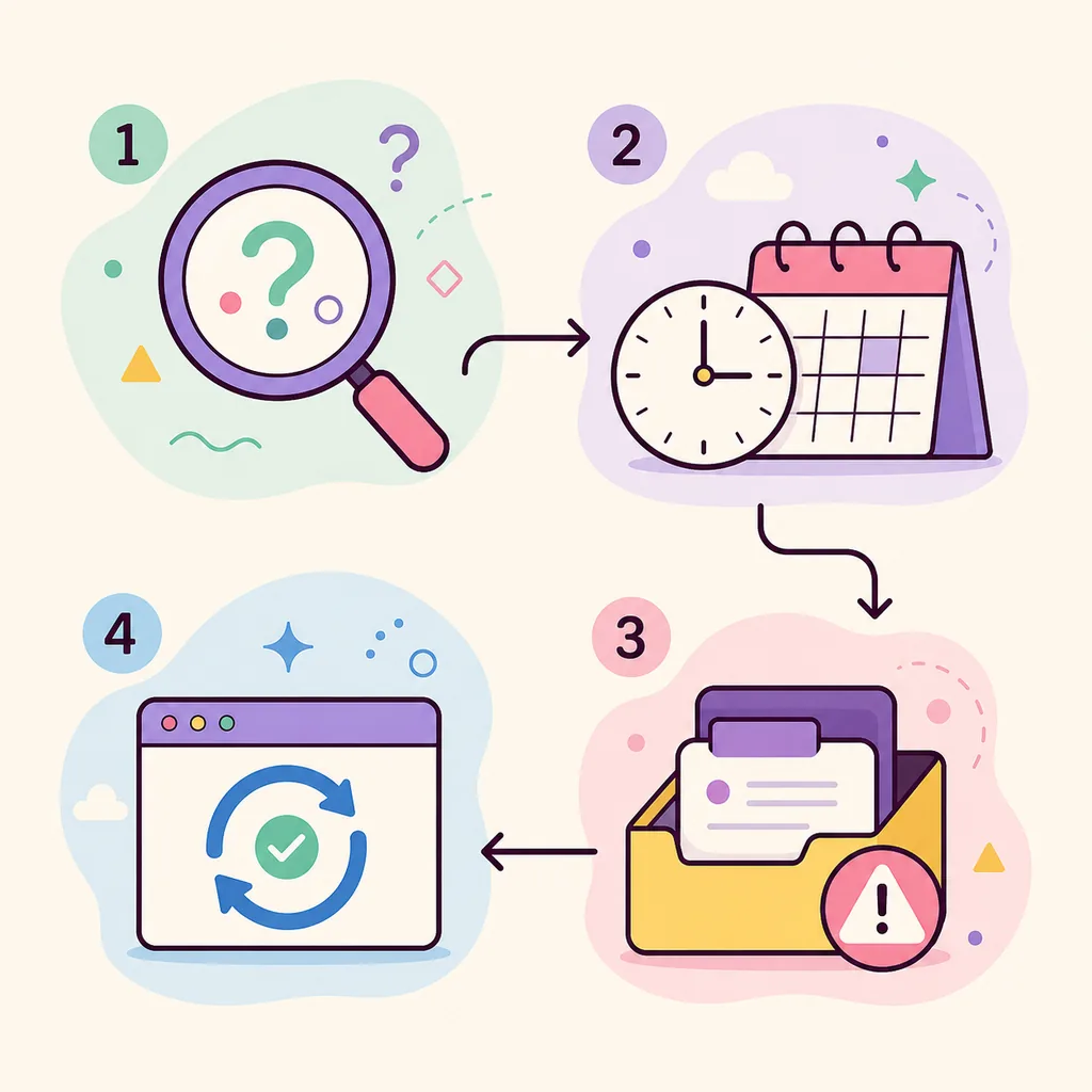 Four-step editorial diagram showing query, date, mailbox, and browser checks